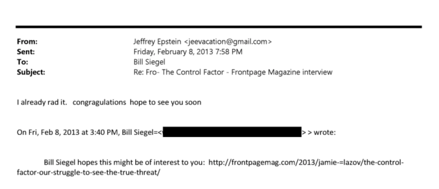 Jeffrey Epstein email to Bill Siegel dated February 8, 2013